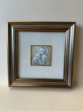 Vintage Framed Religious Art of Mary, Joseph, & Baby Jesus Sterling Silver Italy